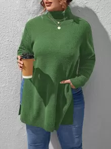 Calvaya Plus Turtleneck Split Hem Jumper - Green - View 4