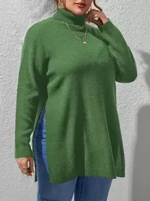 Calvaya Plus Turtleneck Split Hem Jumper - Green - View 5