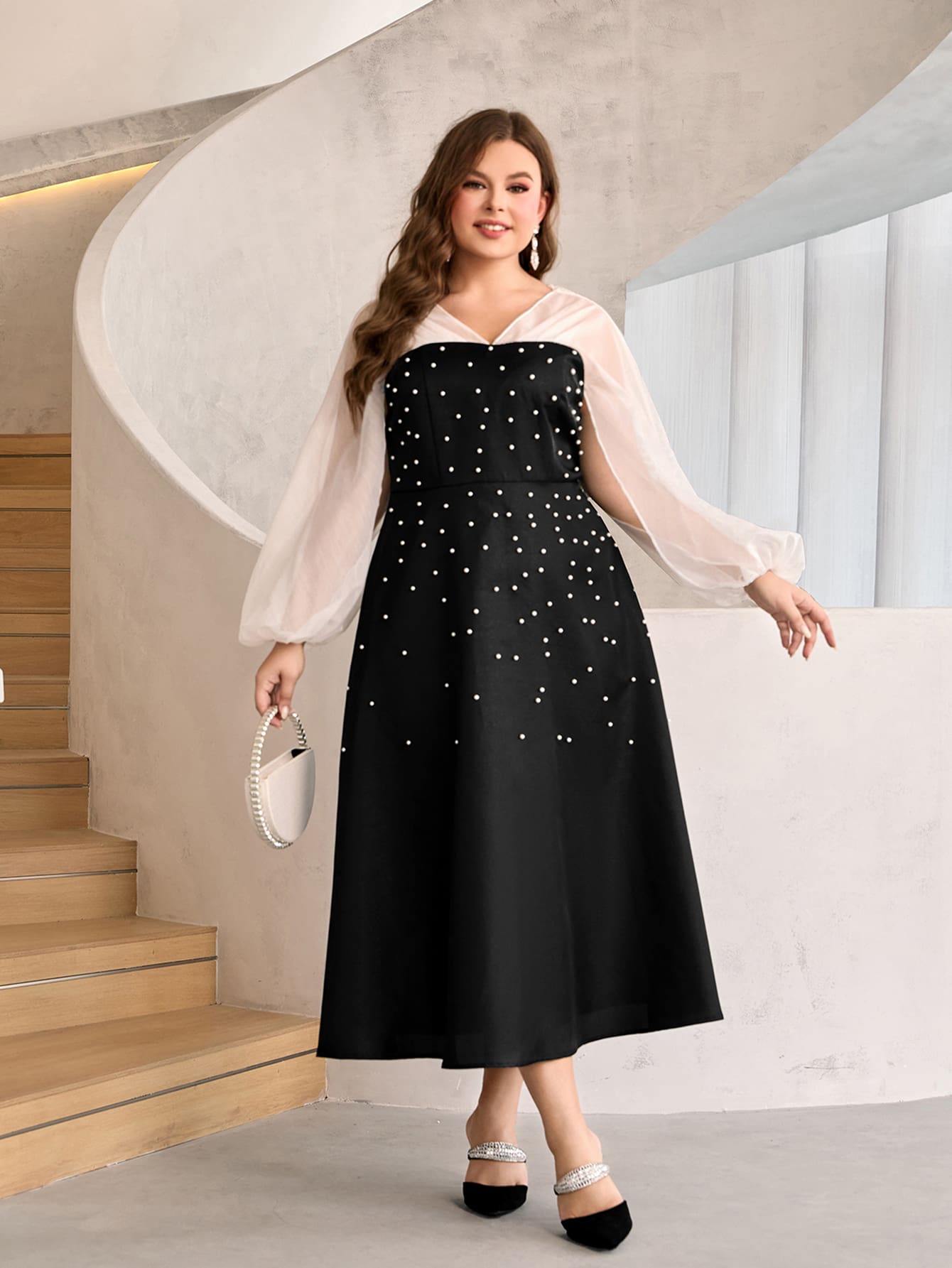 Modelyn Plus Colour Block Pearls Beaded Lantern Sleeve Dress - Black - View 1
