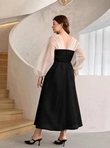 Modelyn Plus Colour Block Pearls Beaded Lantern Sleeve Dress - Black - View 2