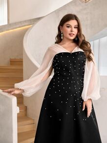 Modelyn Plus Colour Block Pearls Beaded Lantern Sleeve Dress - Black - View 3