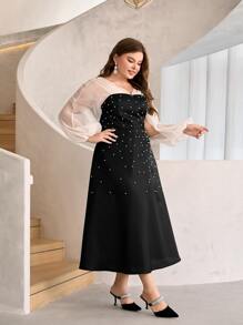 Modelyn Plus Colour Block Pearls Beaded Lantern Sleeve Dress - Black - View 4