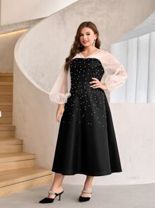 Modelyn Plus Colour Block Pearls Beaded Lantern Sleeve Dress - Black - View 5