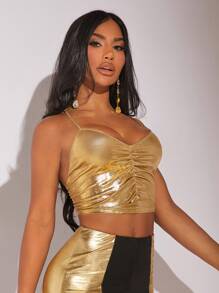SHEIN SXY Ruched Front Lace Up Backless Crop Metallic Cami Top - Gold - View 3