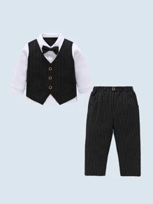 Bebé niño Camisa de rayas verticales con lazo delantero 2 en 1 con pantalones - Blanco y Negro - Ver 2