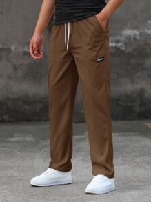 Manfinity Homme 男士字母贴片抽绳休闲锥形裤，男士棕色裤子，男士休闲裤，男士抽绳裤，男士卡其裤，Manfinity 男士裤子，秋季 - 咖啡棕 - 查看 3