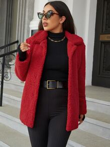 Eilly Bazar Open Front Teddy Coat - Red - View 1