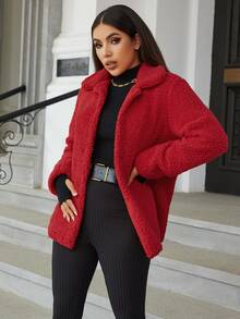 Eilly Bazar Open Front Teddy Coat - Red - View 3