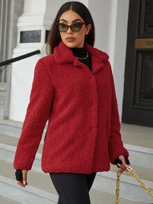 Eilly Bazar Open Front Teddy Coat - Red - View 4