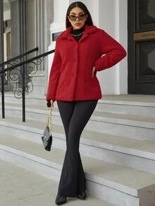 Eilly Bazar Open Front Teddy Coat - Red - View 5