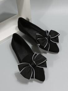 Bow Decor Point Toe Faux Suede Flat Loafers - Black - View 2