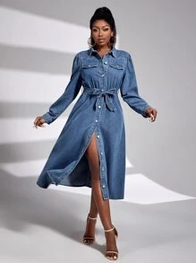 SHEIN SXY Puff Sleeve Flap Detail Belted Denim Dress - Medium Wash - View 2