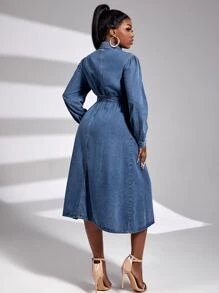 SHEIN SXY Puff Sleeve Flap Detail Belted Denim Dress - Medium Wash - View 3