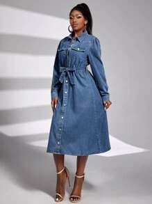 SHEIN SXY Puff Sleeve Flap Detail Belted Denim Dress - Medium Wash - View 4