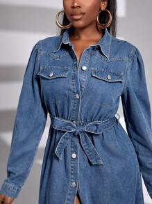 SHEIN SXY Puff Sleeve Flap Detail Belted Denim Dress - Medium Wash - View 5