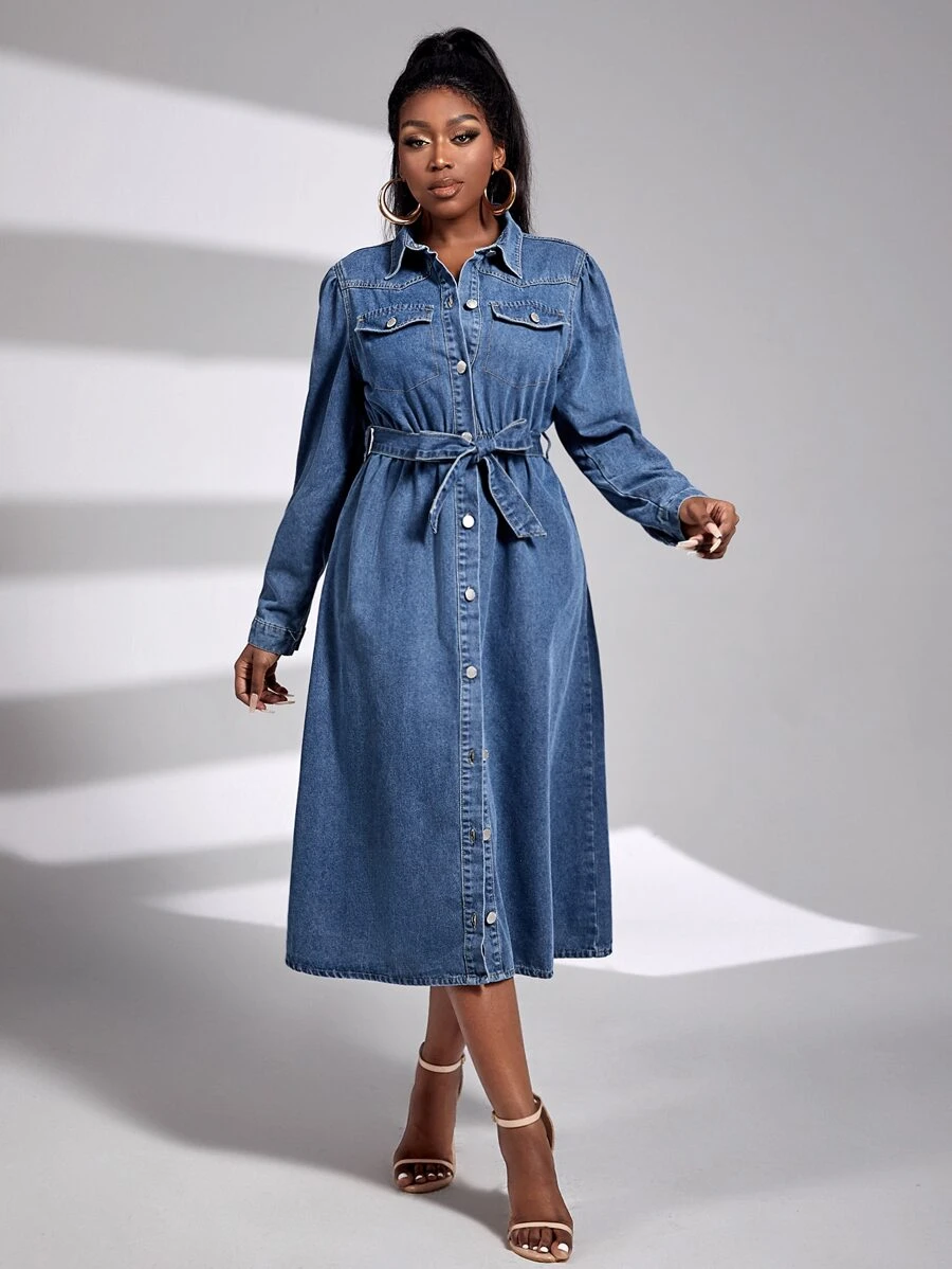 SHEIN SXY Puff Sleeve Flap Detail Belted Denim Dress - Medium Wash - View 1