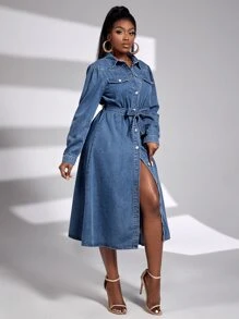 SHEIN SXY Puff Sleeve Flap Detail Belted Denim Dress - Medium Wash - View 6