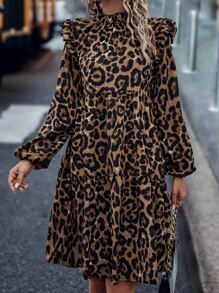 SHEIN LUNE Vestido con estampado de leopardo de manga obispo ribete con fruncido - Café integral - Ver 1