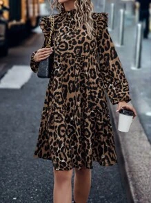 SHEIN LUNE Vestido con estampado de leopardo de manga obispo ribete con fruncido - Café integral - Ver 5