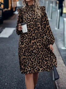 SHEIN LUNE Vestido con estampado de leopardo de manga obispo ribete con fruncido - Café integral - Ver 6