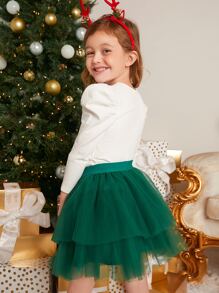 SHEIN 小女童1入組聖誕樹補丁貼上衣和1入組網紗半身裙 - 彩色 - 查看 3