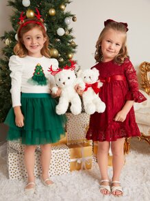 SHEIN 小女童1入組聖誕樹補丁貼上衣和1入組網紗半身裙 - 彩色 - 查看 4