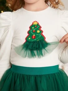 SHEIN 小女童1入組聖誕樹補丁貼上衣和1入組網紗半身裙 - 彩色 - 查看 6