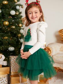 SHEIN 小女童1入組聖誕樹補丁貼上衣和1入組網紗半身裙 - 彩色 - 查看 7