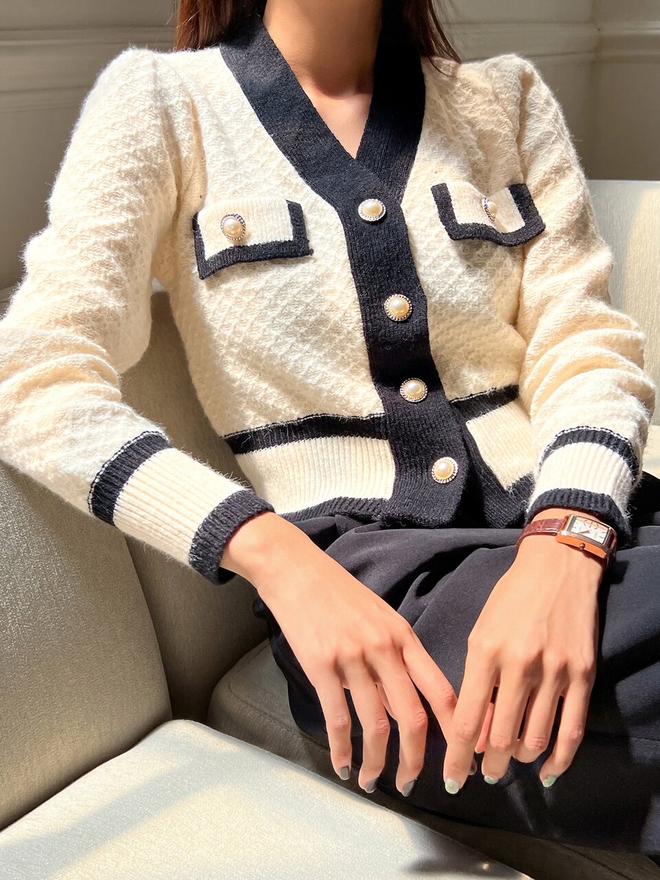 Contrast Trim Button Front Cardigan,Long Sleeve Tops,Fall Women Clothes