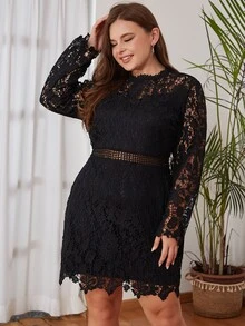 Eilly Bazar Plus Guipure Lace Overlay Fitted Dress - Black - View 5