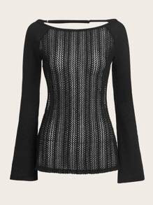 SHEIN ICON Solid Backless Bell Sleeve Sheer Top Without Bra - Black - View 1