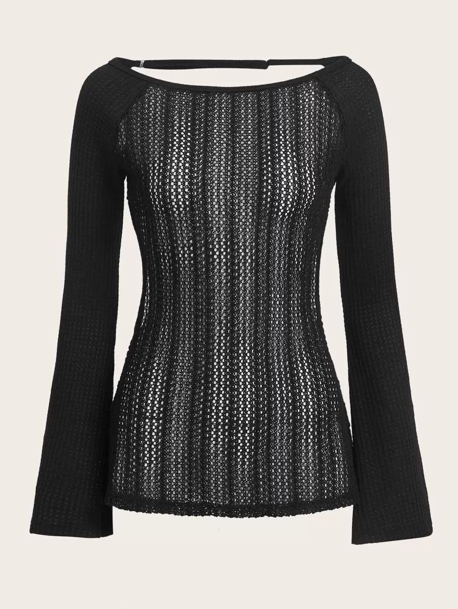 SHEIN ICON Solid Backless Bell Sleeve Sheer Top Without Bra - Black - View 1