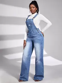 SHEIN SXY Ripped Detail Denim Dungarees - Medium Wash - View 3