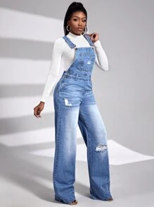 SHEIN SXY Ripped Detail Denim Dungarees - Medium Wash - View 4