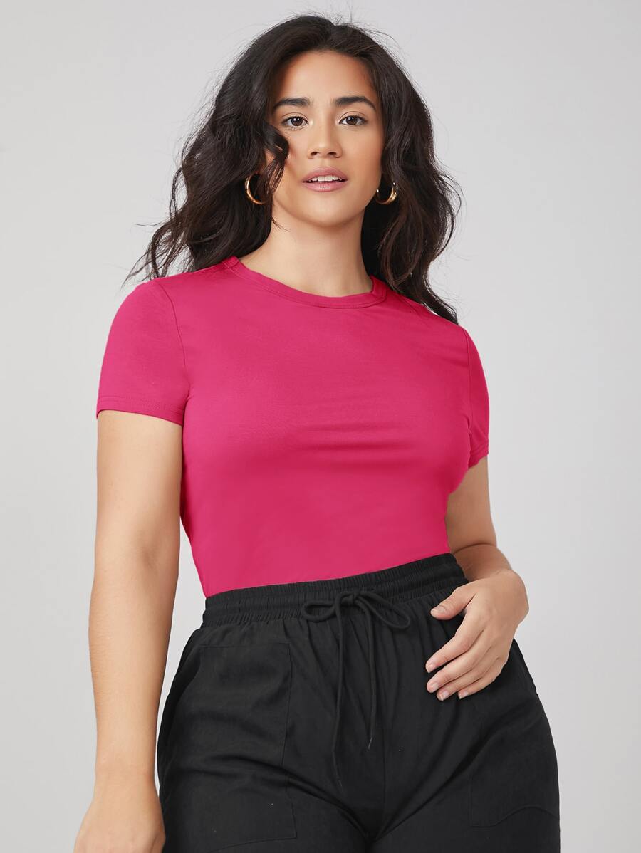 SHEIN BASICS Plus Round Neck Solid Slim Tee/Summer - Hot Pink - View 1