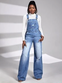 SHEIN SXY Ripped Detail Denim Dungarees - Medium Wash - View 5
