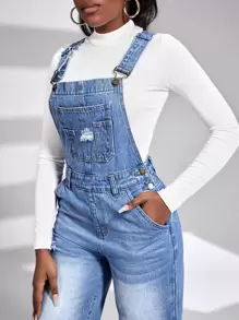 SHEIN SXY Ripped Detail Denim Dungarees - Medium Wash - View 6