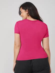 SHEIN BASICS Plus Round Neck Solid Slim Tee/Summer - Hot Pink - View 3