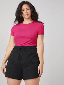 SHEIN BASICS Plus Round Neck Solid Slim Tee/Summer - Hot Pink - View 4