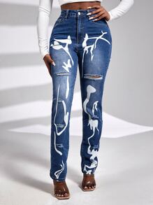 SHEIN SXY Graphic Print Ripped Straight Leg Jeans - Dark Wash - View 1