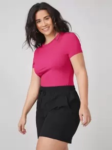 SHEIN BASICS Plus Round Neck Solid Slim Tee/Summer - Hot Pink - View 5