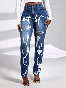 SHEIN SXY Graphic Print Ripped Straight Leg Jeans - Dark Wash - View 4