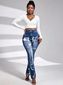 SHEIN SXY Graphic Print Ripped Straight Leg Jeans - Dark Wash - View 5