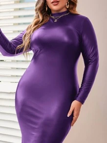 SHEIN SXY Plus Mock Neck PU Leather Bodycon Dress - Violet Purple - View 4