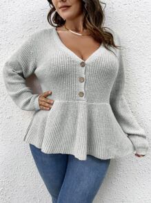 SHEIN LUNE Plus Plunge Neck Peplum Jumper - Light Grey - View 4