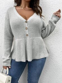 SHEIN LUNE Plus Plunge Neck Peplum Jumper - Light Grey - View 6