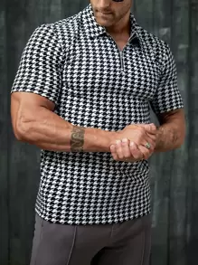 Manfinity Men Zip Half Placket Houndstooth Polo Shirt - Black and White - View 1