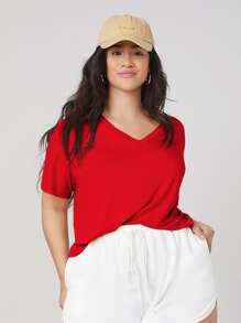 SHEIN BASICS Áo thun Plus size màu trơn Giải trí - Đỏ - Xem 1