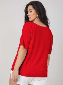 SHEIN BASICS Áo thun Plus size màu trơn Giải trí - Đỏ - Xem 2