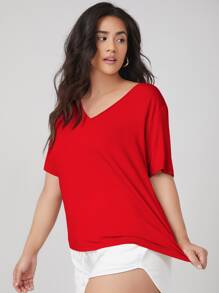 SHEIN BASICS Áo thun Plus size màu trơn Giải trí - Đỏ - Xem 3